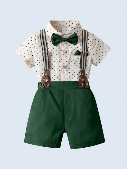 BOARNSEORL 2pcs Baby Boys Gentleman Outfit Set: Short Sleeve Collared Shirt With Bow Tie And Dark Green Suspender Shorts, Fashionable And Stylish For Birthday Party, Wedding, Banquet