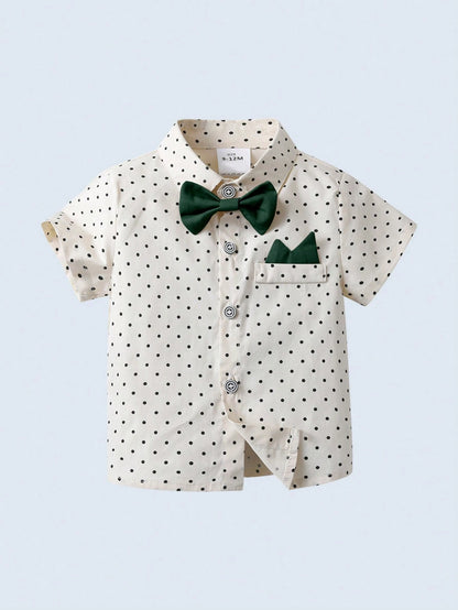 BOARNSEORL 2pcs Baby Boys Gentleman Outfit Set: Short Sleeve Collared Shirt With Bow Tie And Dark Green Suspender Shorts, Fashionable And Stylish For Birthday Party, Wedding, Banquet