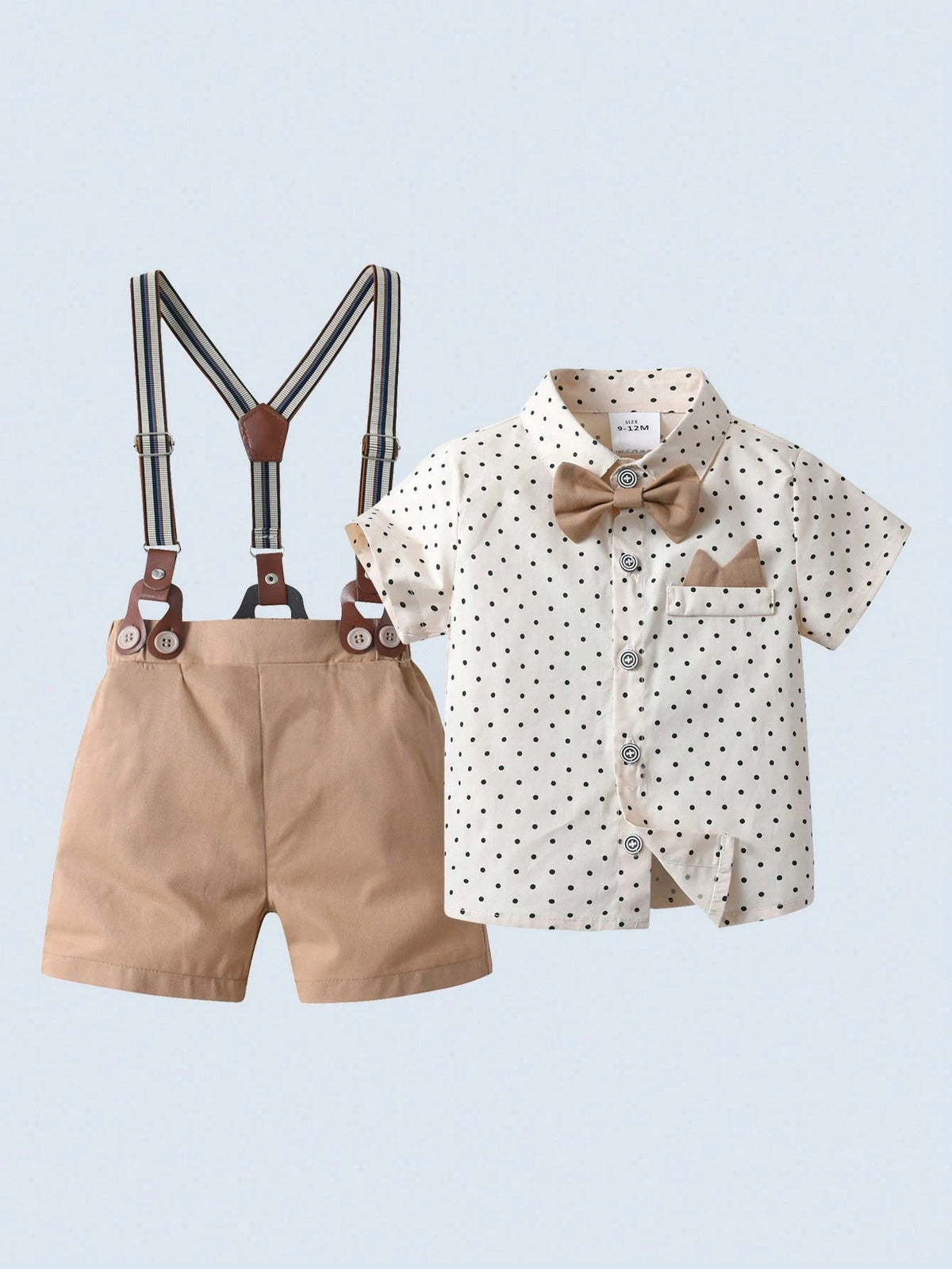 BOARNSEORL 2pcs Baby Boys Gentleman Outfit Set: Short Sleeve Collared Shirt With Bow Tie And Dark Green Suspender Shorts, Fashionable And Stylish For Birthday Party, Wedding, Banquet