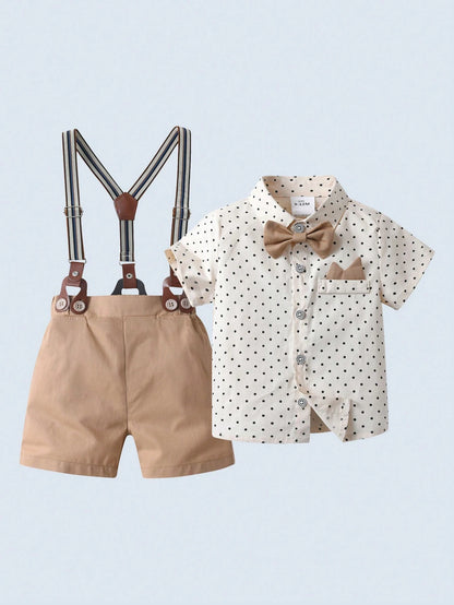 BOARNSEORL 2pcs Baby Boys Gentleman Outfit Set: Short Sleeve Collared Shirt With Bow Tie And Dark Green Suspender Shorts, Fashionable And Stylish For Birthday Party, Wedding, Banquet