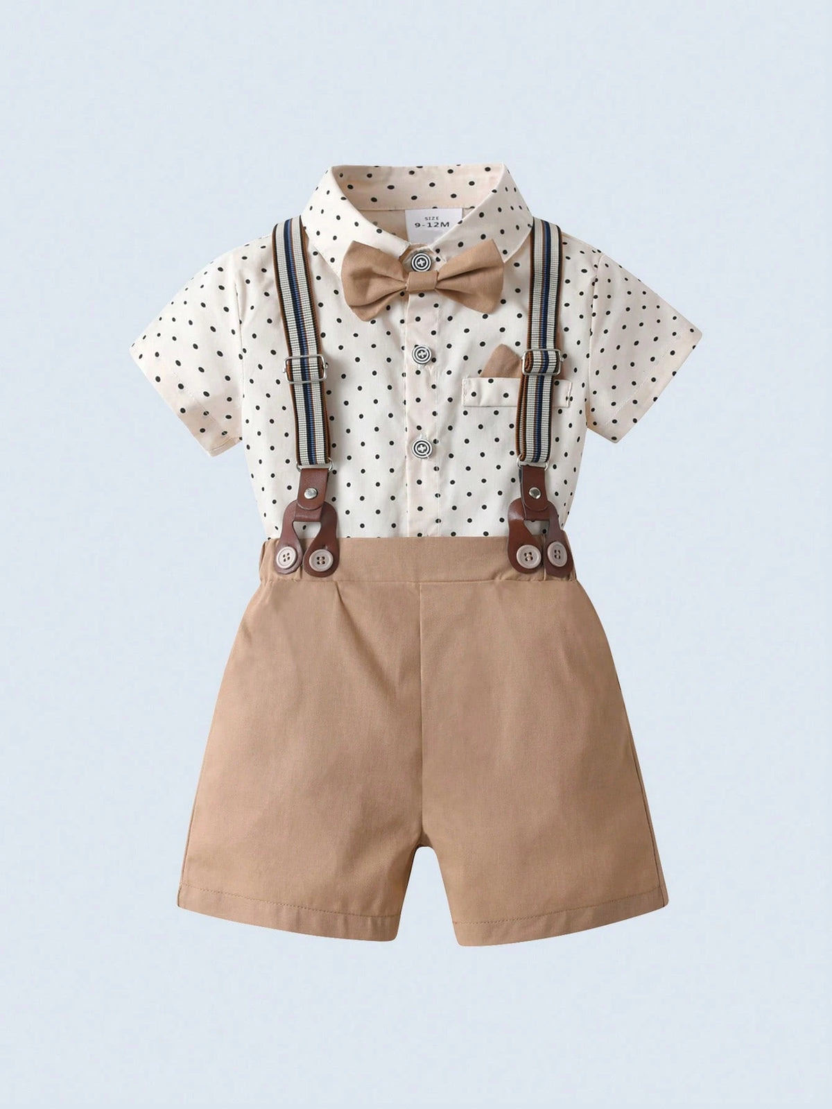 BOARNSEORL 2pcs Baby Boys Gentleman Outfit Set: Short Sleeve Collared Shirt With Bow Tie And Dark Green Suspender Shorts, Fashionable And Stylish For Birthday Party, Wedding, Banquet