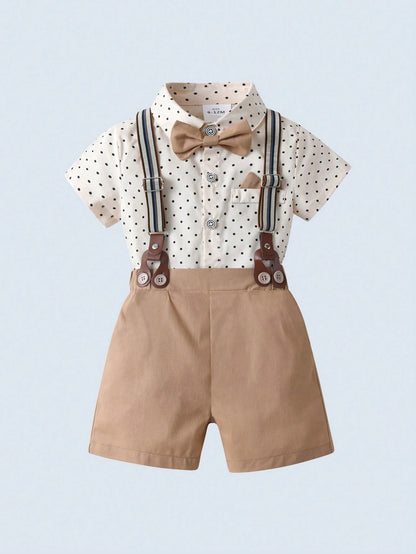 BOARNSEORL 2pcs Baby Boys Gentleman Outfit Set: Short Sleeve Collared Shirt With Bow Tie And Dark Green Suspender Shorts, Fashionable And Stylish For Birthday Party, Wedding, Banquet