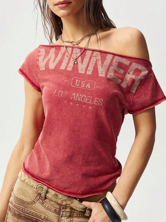 Bohemela Women's Casual Retro Vintage 90s Solid Color Knit Boat Neck Short Sleeve T-Shirt Asymmetric Neck TOP Back-To-School Concert Red Summer