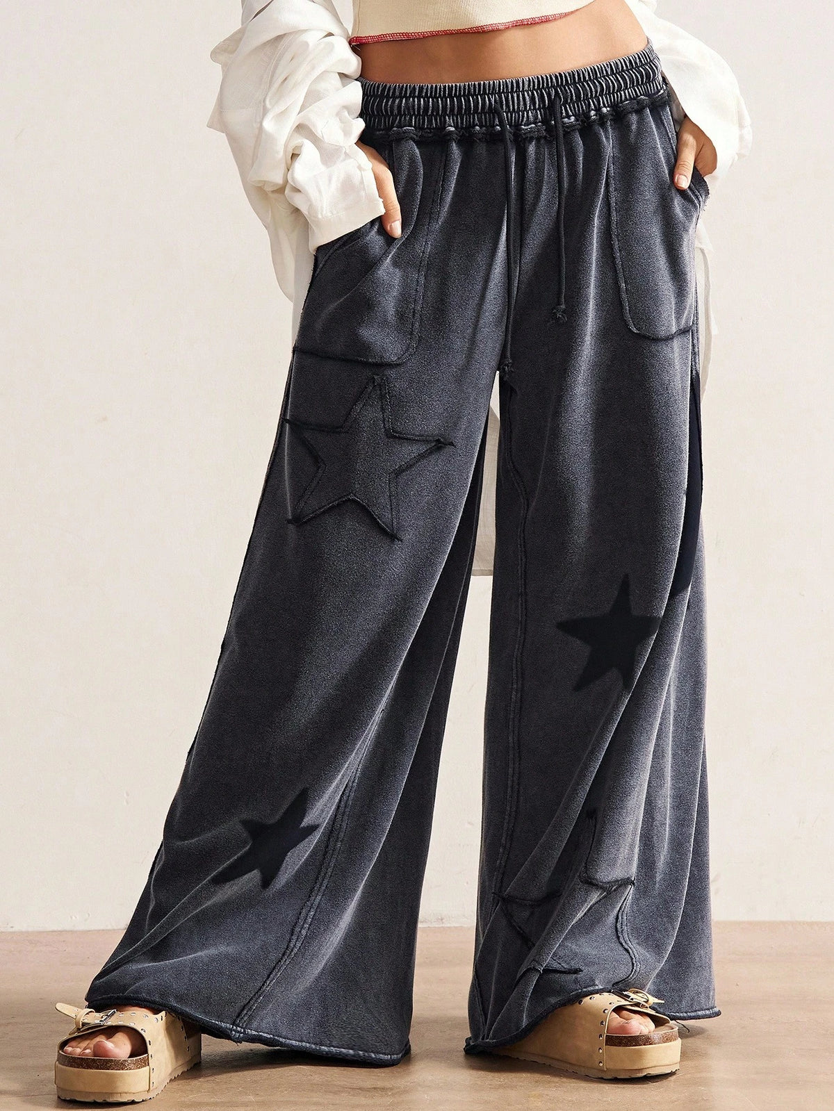 Bohemela Women's Casual Solid Color Knit Loose Wide Leg Pants,Fall