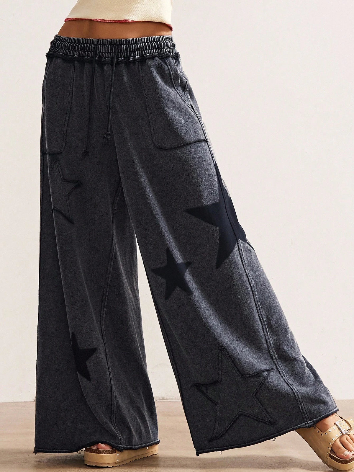 Bohemela Women's Casual Solid Color Knit Loose Wide Leg Pants,Fall