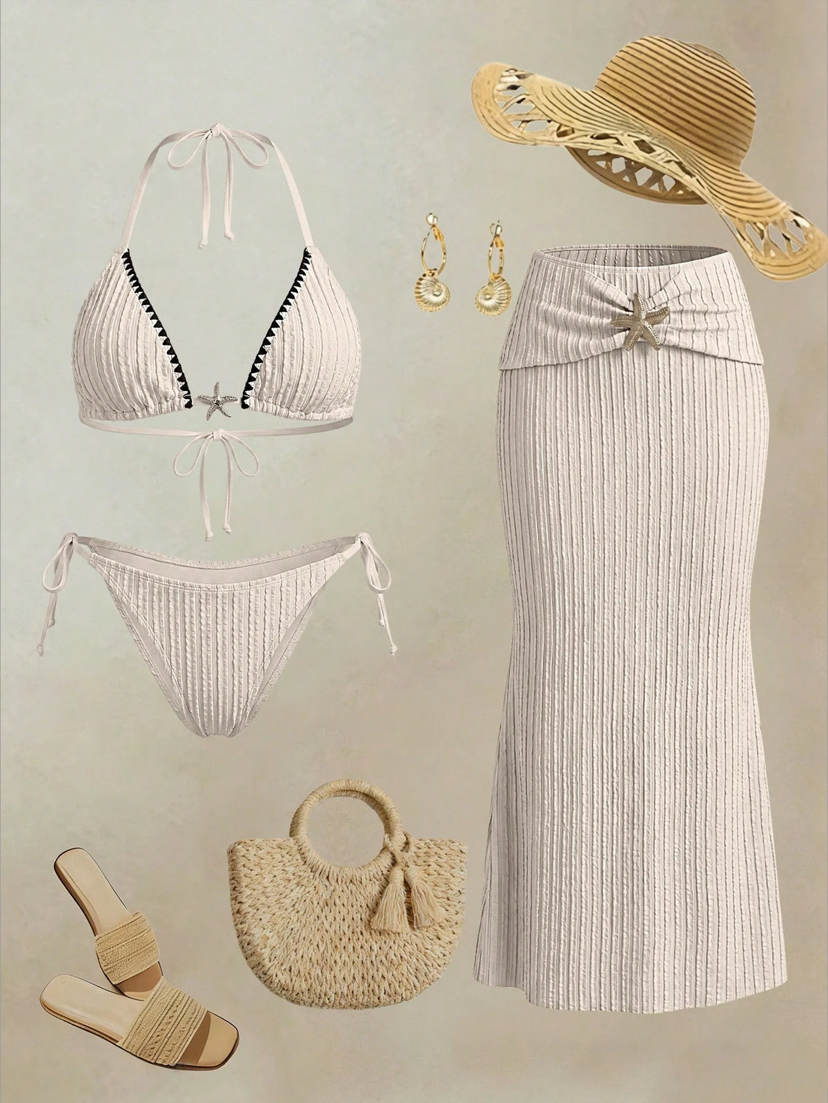 Bonvoyette 2026SS Spring/Summer Y2K Retro Sexy Light Khaki & Black Contrast Color Scalloped Edge Elegant Vacation Beach Seaside Casual Women's Swimsuit Set