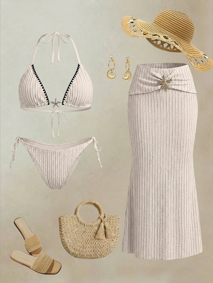 Bonvoyette 2026SS Spring/Summer Y2K Retro Sexy Light Khaki & Black Contrast Color Scalloped Edge Elegant Vacation Beach Seaside Casual Women's Swimsuit Set