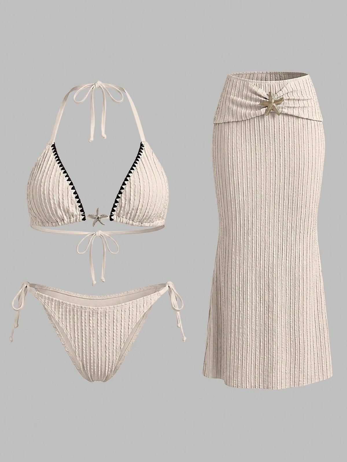 Bonvoyette 2026SS Spring/Summer Y2K Retro Sexy Light Khaki & Black Contrast Color Scalloped Edge Elegant Vacation Beach Seaside Casual Women's Swimsuit Set