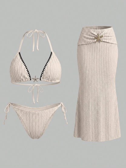 Bonvoyette 2026SS Spring/Summer Y2K Retro Sexy Light Khaki & Black Contrast Color Scalloped Edge Elegant Vacation Beach Seaside Casual Women's Swimsuit Set