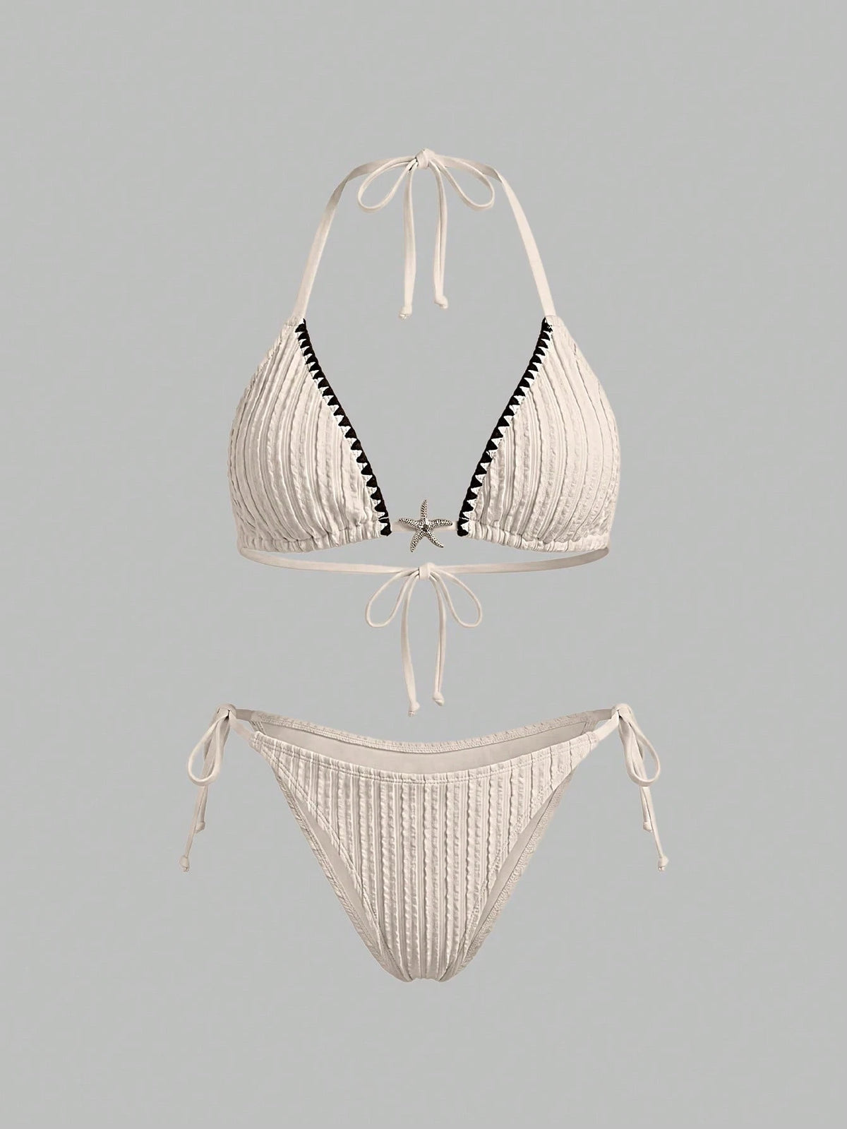 Bonvoyette 2026SS Spring/Summer Y2K Retro Sexy Light Khaki & Black Contrast Color Scalloped Edge Elegant Vacation Beach Seaside Casual Women's Swimsuit Set