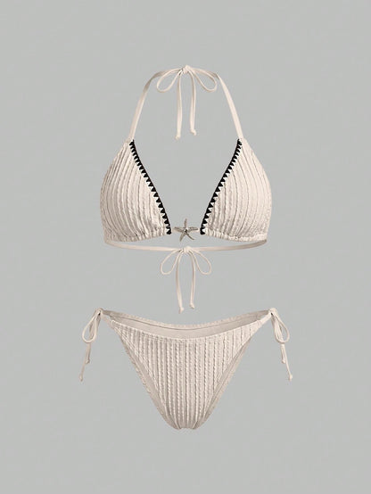 Bonvoyette 2026SS Spring/Summer Y2K Retro Sexy Light Khaki & Black Contrast Color Scalloped Edge Elegant Vacation Beach Seaside Casual Women's Swimsuit Set