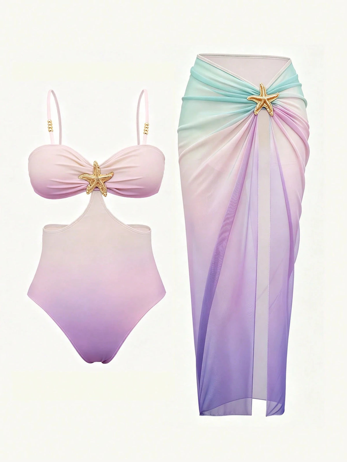 Bonvoyette 2pcs/Set One-Piece Swimsuit Fashion Sexy Starfish Decor Black Waist Cutout One-Piece Swimsuit With Elegant Pleated Slit Maxi Skirt, Suitable For Beach Vacation, Pool Party And Daily Wear