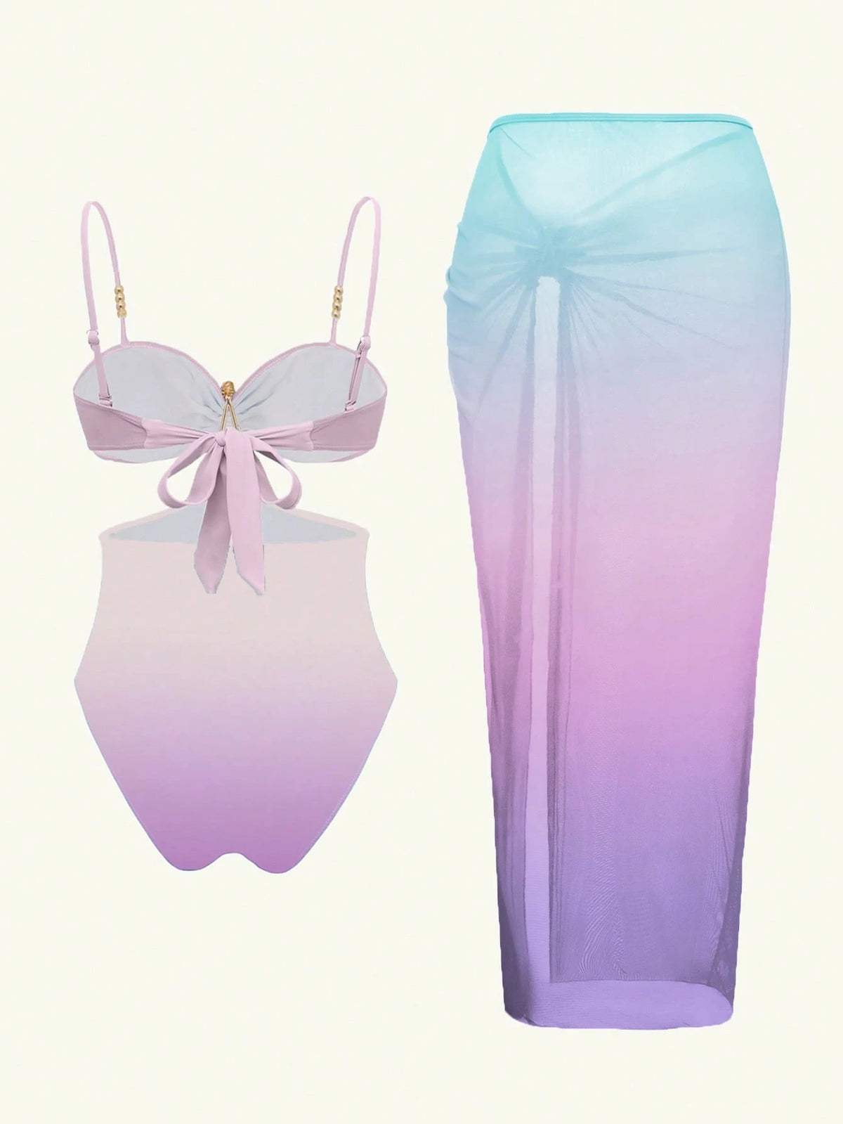 Bonvoyette 2pcs/Set One-Piece Swimsuit Fashion Sexy Starfish Decor Black Waist Cutout One-Piece Swimsuit With Elegant Pleated Slit Maxi Skirt, Suitable For Beach Vacation, Pool Party And Daily Wear