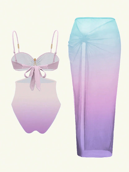 Bonvoyette 2pcs/Set One-Piece Swimsuit Fashion Sexy Starfish Decor Black Waist Cutout One-Piece Swimsuit With Elegant Pleated Slit Maxi Skirt, Suitable For Beach Vacation, Pool Party And Daily Wear