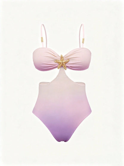 Bonvoyette 2pcs/Set One-Piece Swimsuit Fashion Sexy Starfish Decor Black Waist Cutout One-Piece Swimsuit With Elegant Pleated Slit Maxi Skirt, Suitable For Beach Vacation, Pool Party And Daily Wear