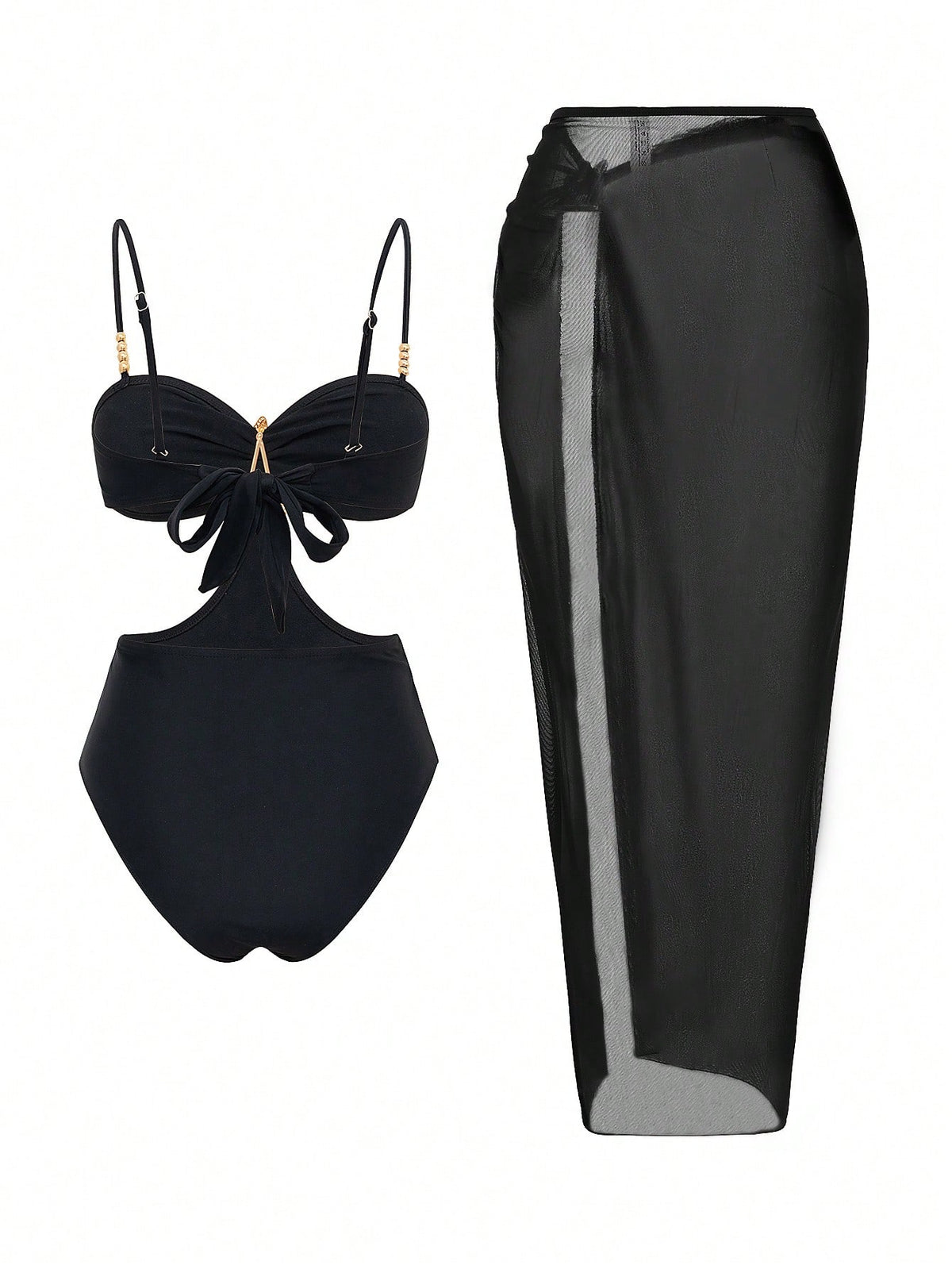 Bonvoyette 2pcs/Set One-Piece Swimsuit Fashion Sexy Starfish Decor Black Waist Cutout One-Piece Swimsuit With Elegant Pleated Slit Maxi Skirt, Suitable For Beach Vacation, Pool Party And Daily Wear