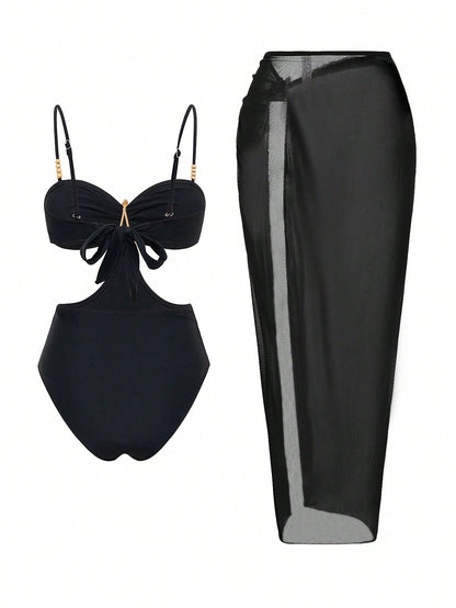 Bonvoyette 2pcs/Set One-Piece Swimsuit Fashion Sexy Starfish Decor Black Waist Cutout One-Piece Swimsuit With Elegant Pleated Slit Maxi Skirt, Suitable For Beach Vacation, Pool Party And Daily Wear