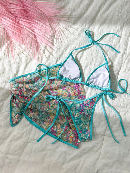 Bonvoyette 3-Piece Set Spring/Summer Beach Vacation Sequin Textured Fabric Pearl Decor Halter Triangle Bikini Top Side Tie Bikini Bottoms And Sequin Mini Skirt Sexy Women's Swimwear