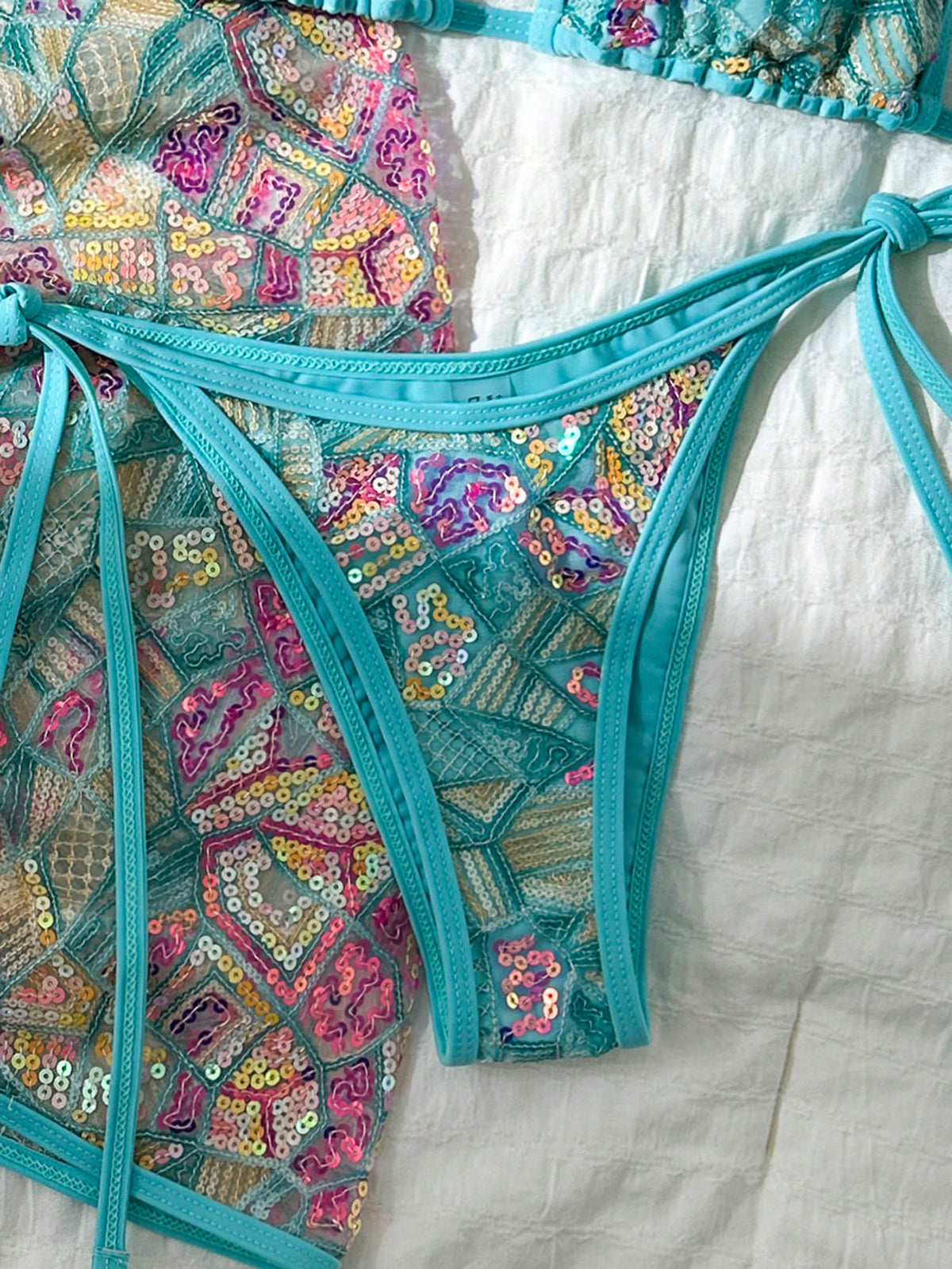 Bonvoyette 3-Piece Set Spring/Summer Beach Vacation Sequin Textured Fabric Pearl Decor Halter Triangle Bikini Top Side Tie Bikini Bottoms And Sequin Mini Skirt Sexy Women's Swimwear