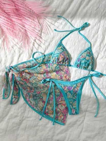 Bonvoyette 3-Piece Set Spring/Summer Beach Vacation Sequin Textured Fabric Pearl Decor Halter Triangle Bikini Top Side Tie Bikini Bottoms And Sequin Mini Skirt Sexy Women's Swimwear