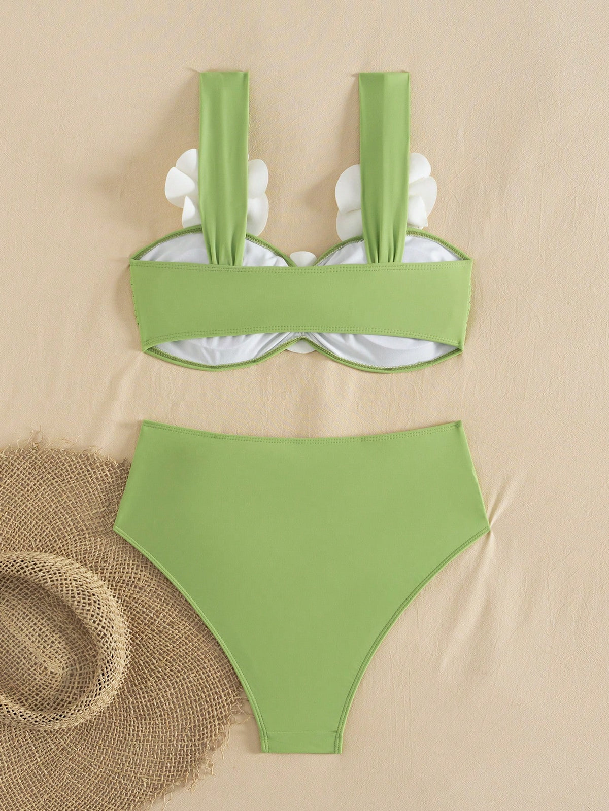 Bonvoyette Knitted Floral 3D Bikini Set, Tropical Beach Vacation Pool Party Outfit, Suitable For Holiday, New Year, Christmas, Summer Green Tropical