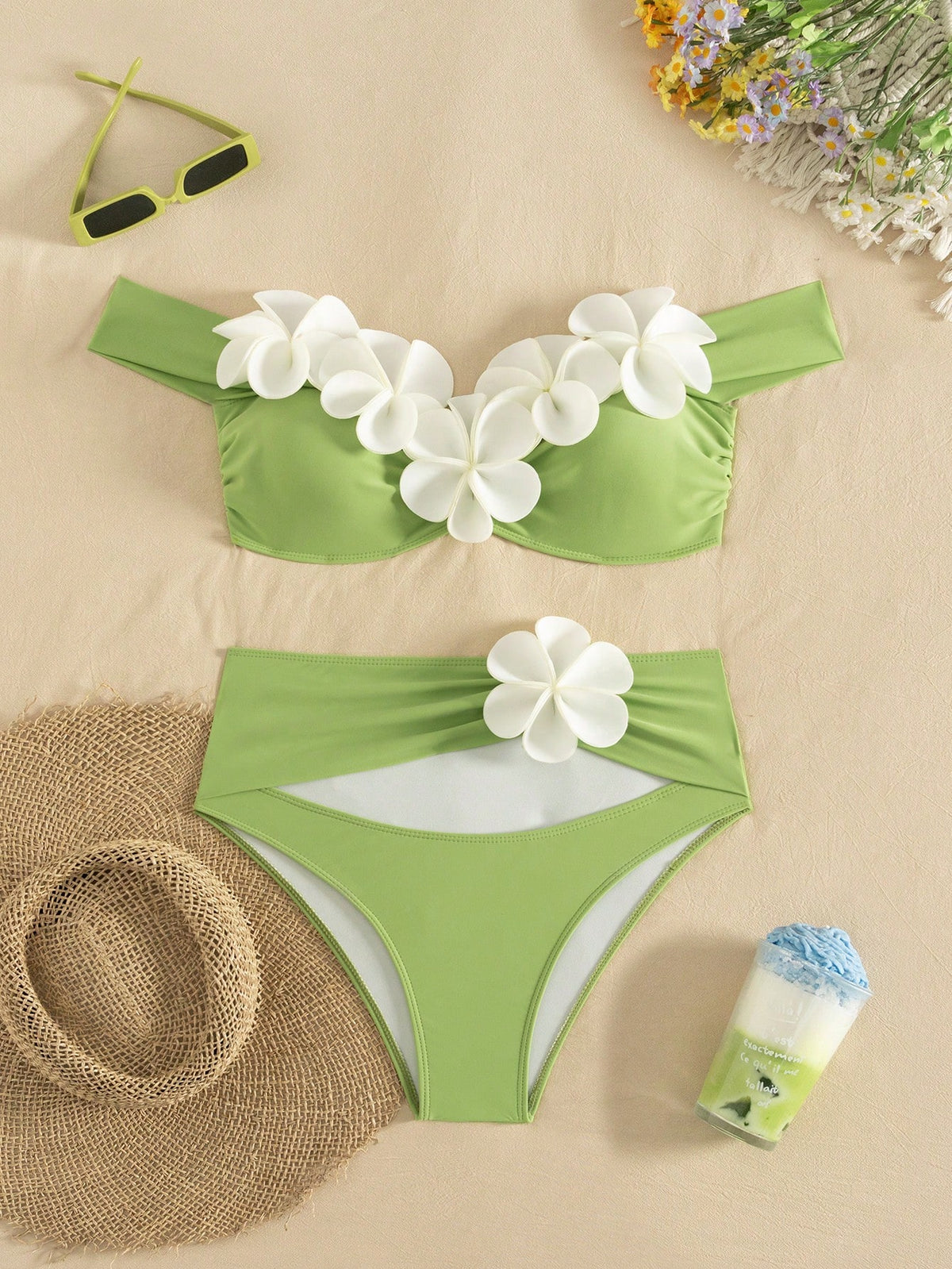 Bonvoyette Knitted Floral 3D Bikini Set, Tropical Beach Vacation Pool Party Outfit, Suitable For Holiday, New Year, Christmas, Summer Green Tropical