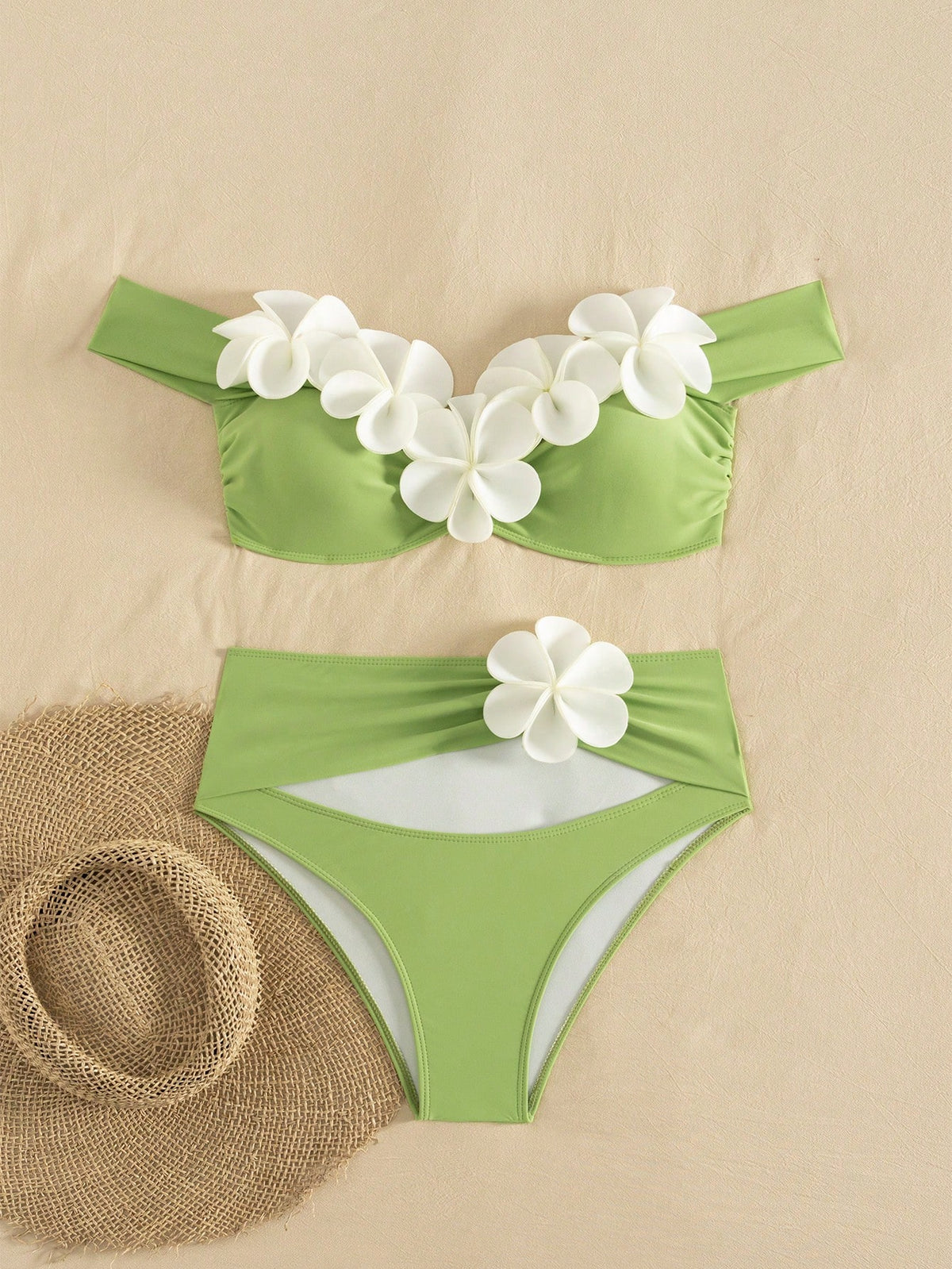 Bonvoyette Knitted Floral 3D Bikini Set, Tropical Beach Vacation Pool Party Outfit, Suitable For Holiday, New Year, Christmas, Summer Green Tropical
