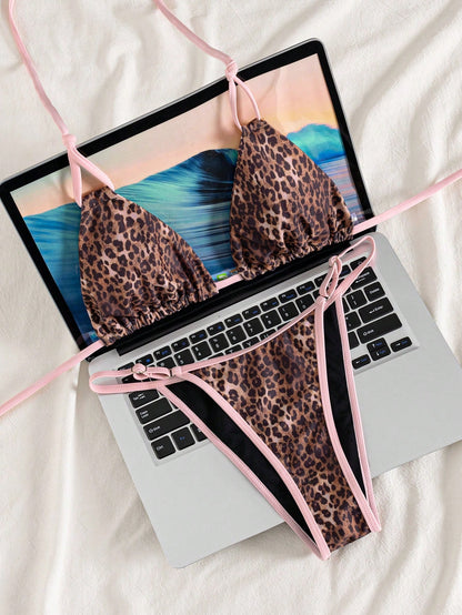 Bonvoyette Spring/Summer Women's New Sexy All-Over Leopard Print Pink Trim Halter Bikini 2-Piece Swimsuit Set, Suitable For Parties, Music Festivals And Other Occasions