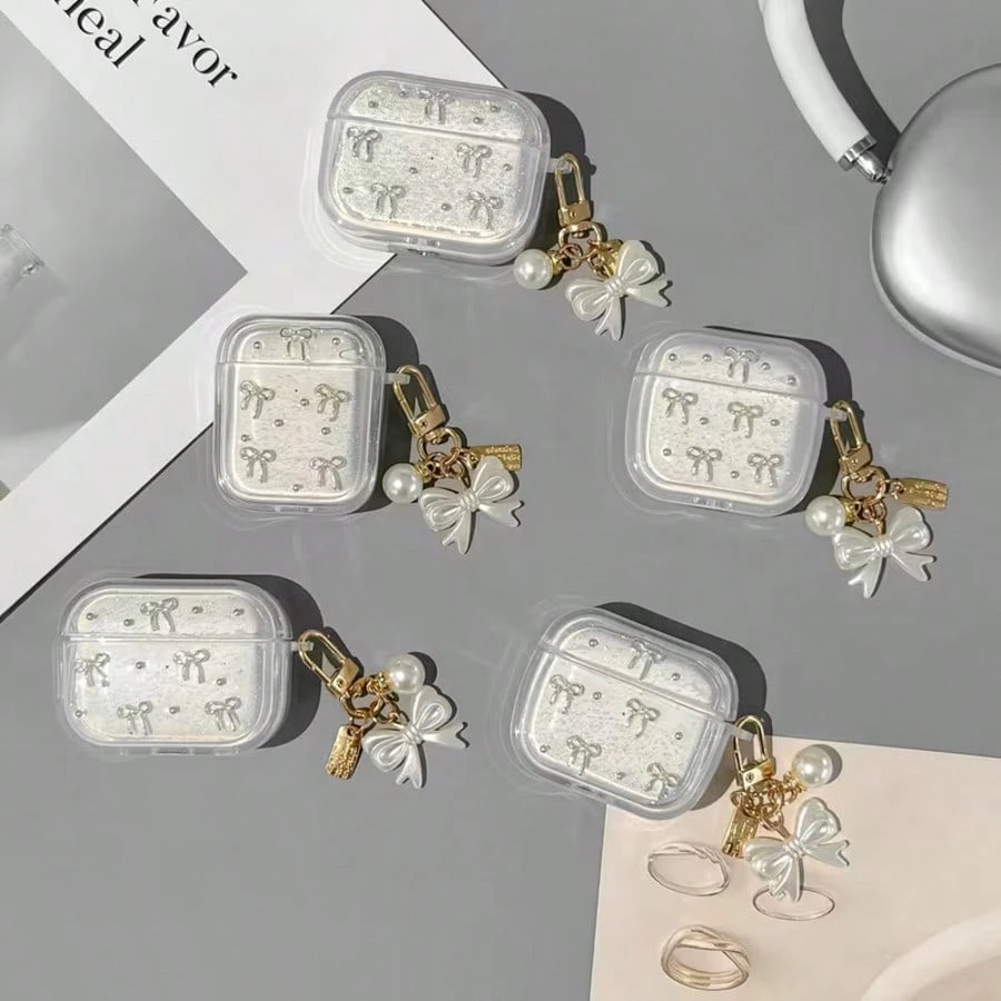Bow Element White Shock-Proof Dust-Proof 3D Faux Pearl Bow Decor Bluetooth Earphone Case 1pc Fashion Apple Earphone Protective Case Stylish & Elegant Suitable For Teenagers And Young People Daily Use