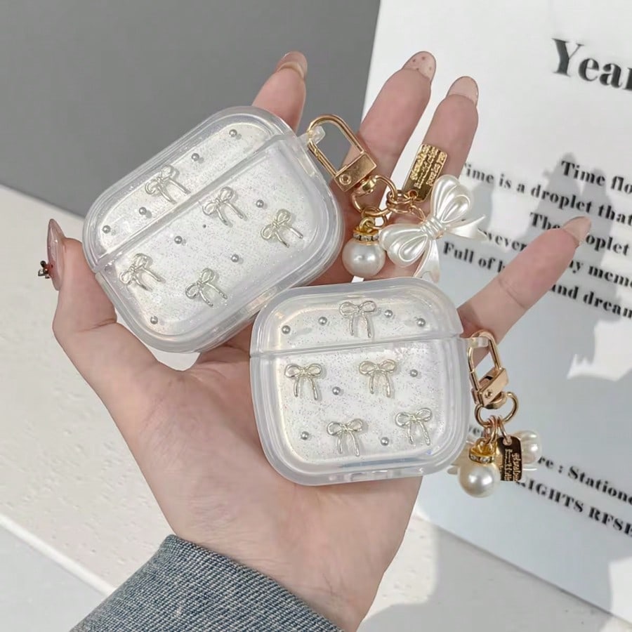 Bow Element White Shock-Proof Dust-Proof 3D Faux Pearl Bow Decor Bluetooth Earphone Case 1pc Fashion Apple Earphone Protective Case Stylish & Elegant Suitable For Teenagers And Young People Daily Use