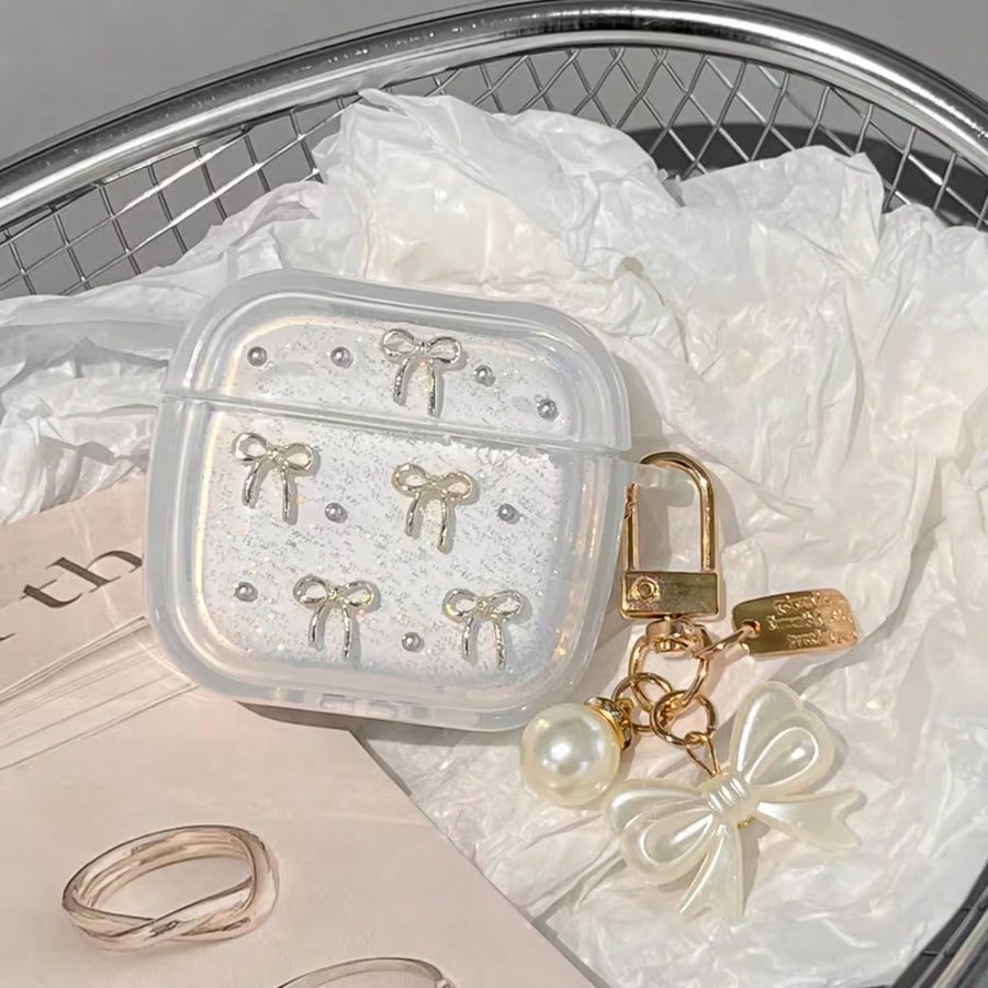 Bow Element White Shock-Proof Dust-Proof 3D Faux Pearl Bow Decor Bluetooth Earphone Case 1pc Fashion Apple Earphone Protective Case Stylish & Elegant Suitable For Teenagers And Young People Daily Use
