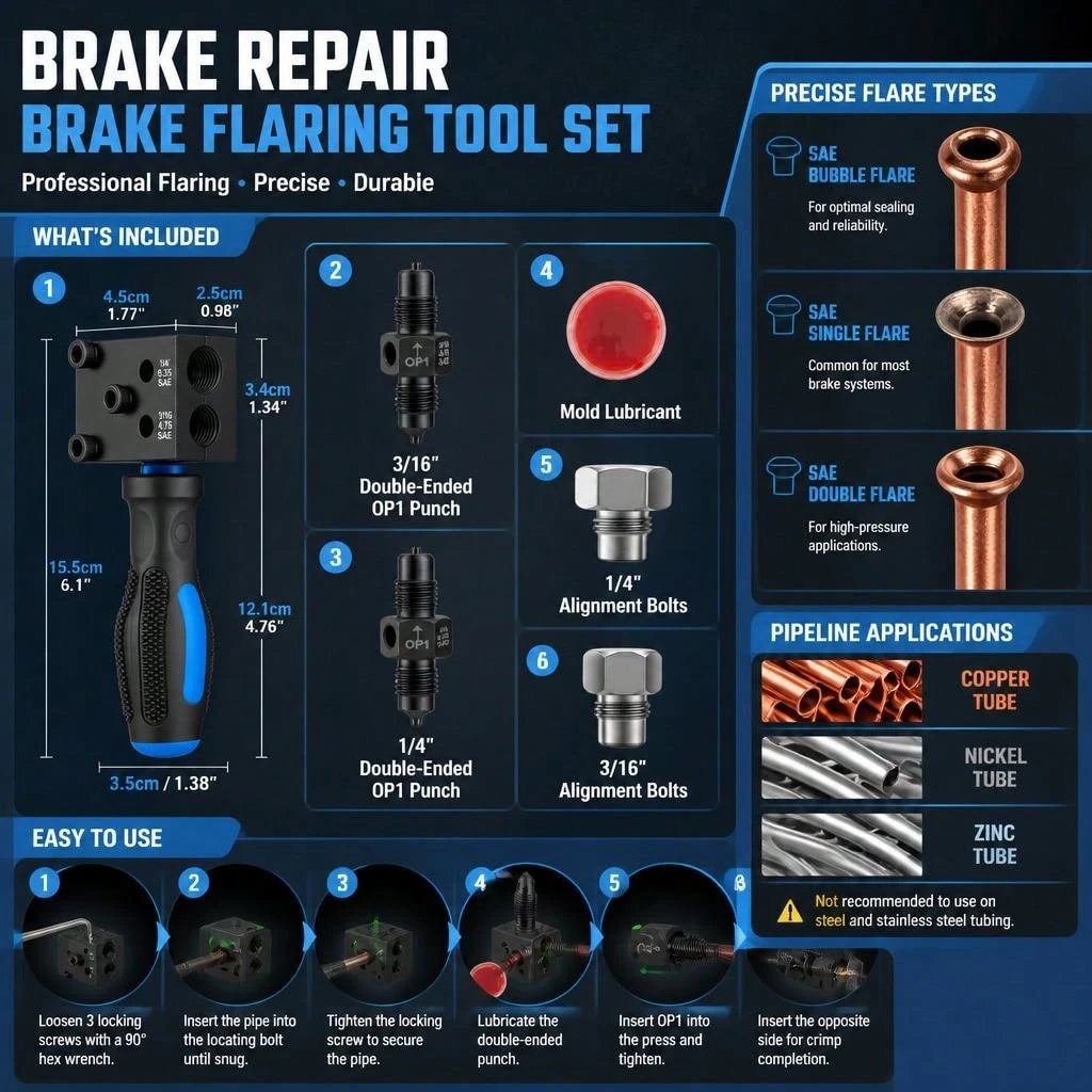 Brake Pipe Expansion Kit, 3/16 Inch And 1/4 Inch SAE Dual Torch Tools, Used For Brake Pipelines, Can Make Single And Double And Bubble Torches, Used For Vehicle Braking And Hydraulic Pipelines