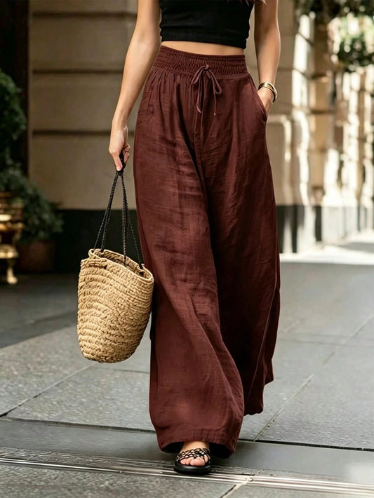 Breezaya Women's Loose Fit Wide Leg Pants, Elegant French Style Solid Color, Summer, Boho, Vacation, Holiday Casual Versatile Commuting Daily Beach