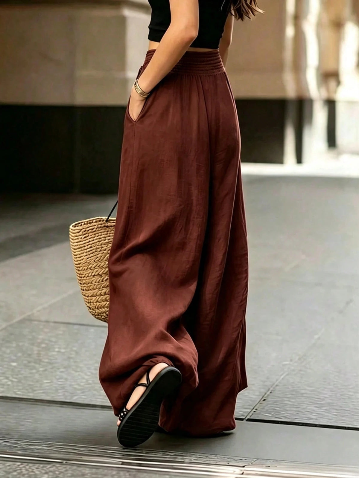 Breezaya Women's Loose Fit Wide Leg Pants, Elegant French Style Solid Color, Summer, Boho, Vacation, Holiday Casual Versatile Commuting Daily Beach