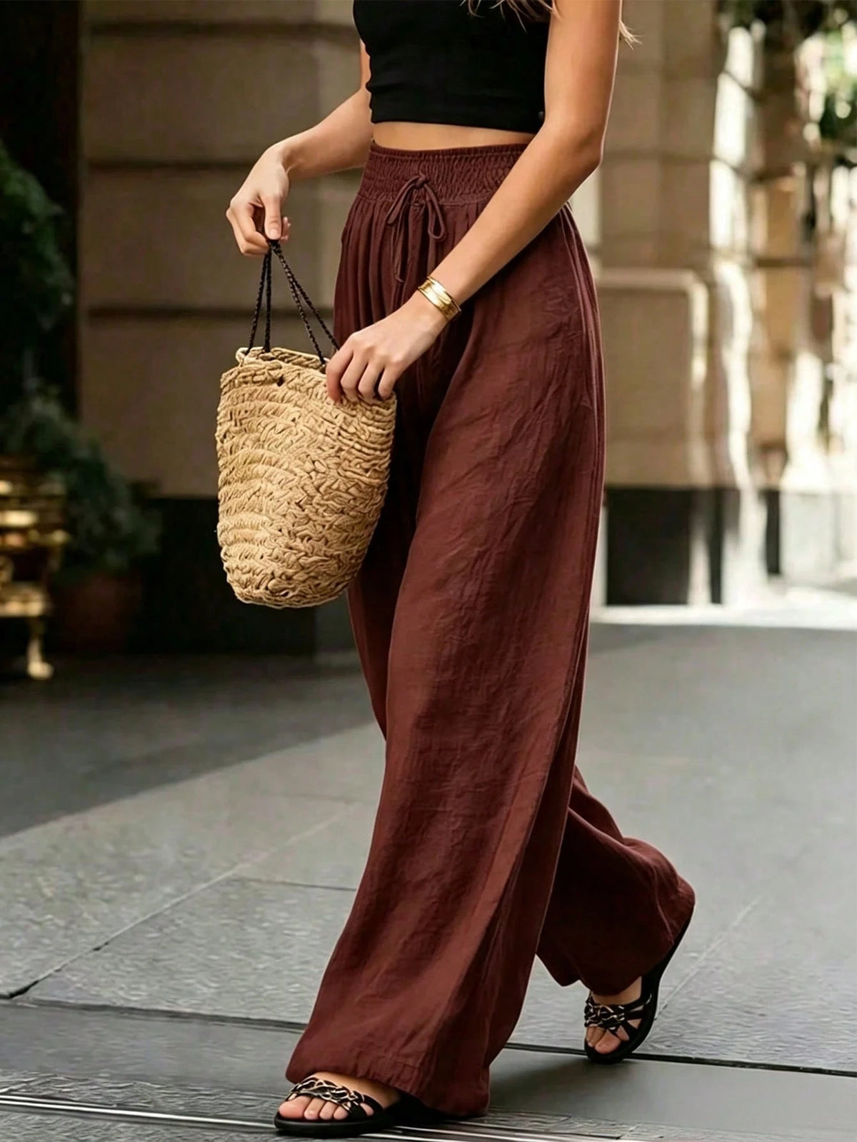 Breezaya Women's Loose Fit Wide Leg Pants, Elegant French Style Solid Color, Summer, Boho, Vacation, Holiday Casual Versatile Commuting Daily Beach