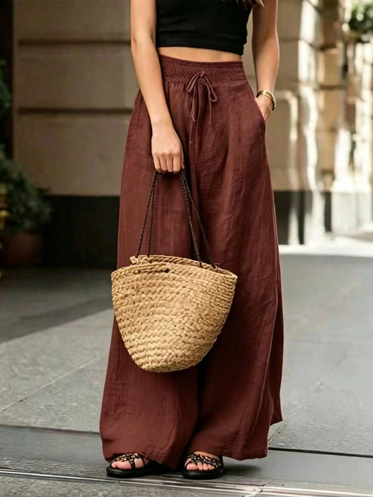 Breezaya Women's Loose Fit Wide Leg Pants, Elegant French Style Solid Color, Summer, Boho, Vacation, Holiday Casual Versatile Commuting Daily Beach