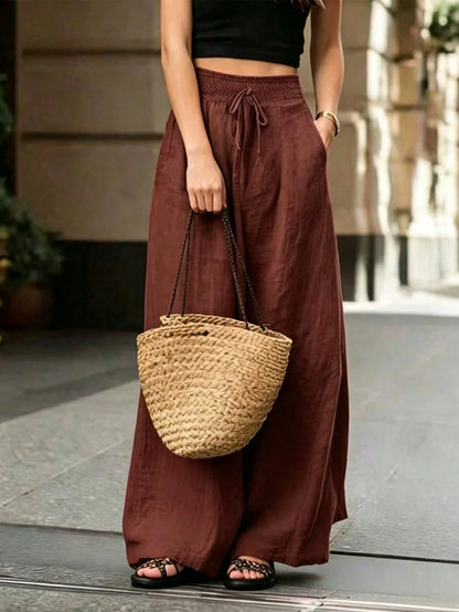 Breezaya Women's Loose Fit Wide Leg Pants, Elegant French Style Solid Color, Summer, Boho, Vacation, Holiday Casual Versatile Commuting Daily Beach