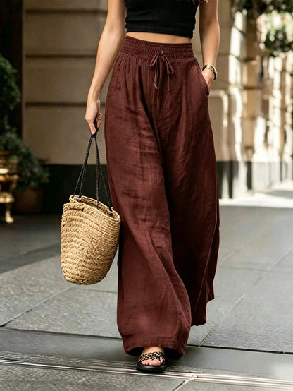 Breezaya Women's Loose Fit Wide Leg Pants, Elegant French Style Solid Color, Summer, Boho, Vacation, Holiday Casual Versatile Commuting Daily Beach