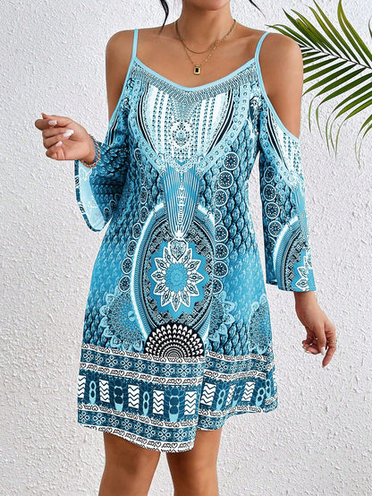 Breezaya Women's Spaghetti Strap Backless All Over Print Shoulder Strap Casual Vacation Dress Vacation Beach Outfit