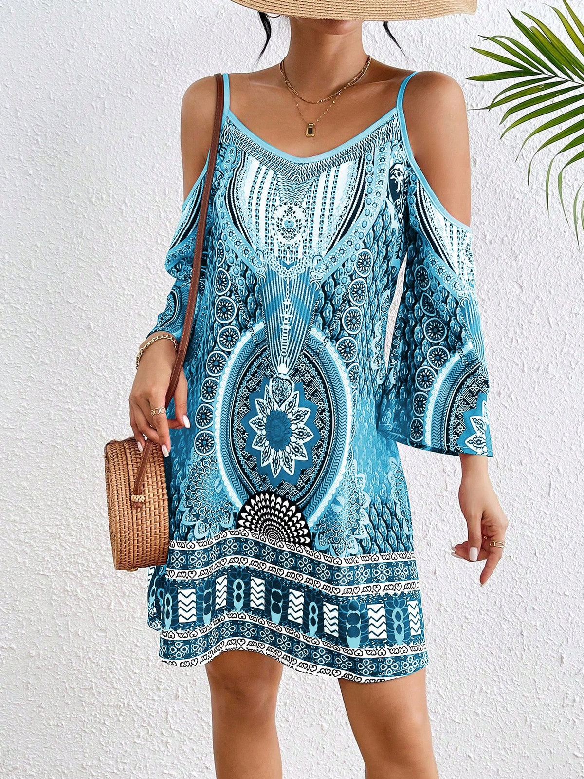 Breezaya Women's Spaghetti Strap Backless All Over Print Shoulder Strap Casual Vacation Dress Vacation Beach Outfit