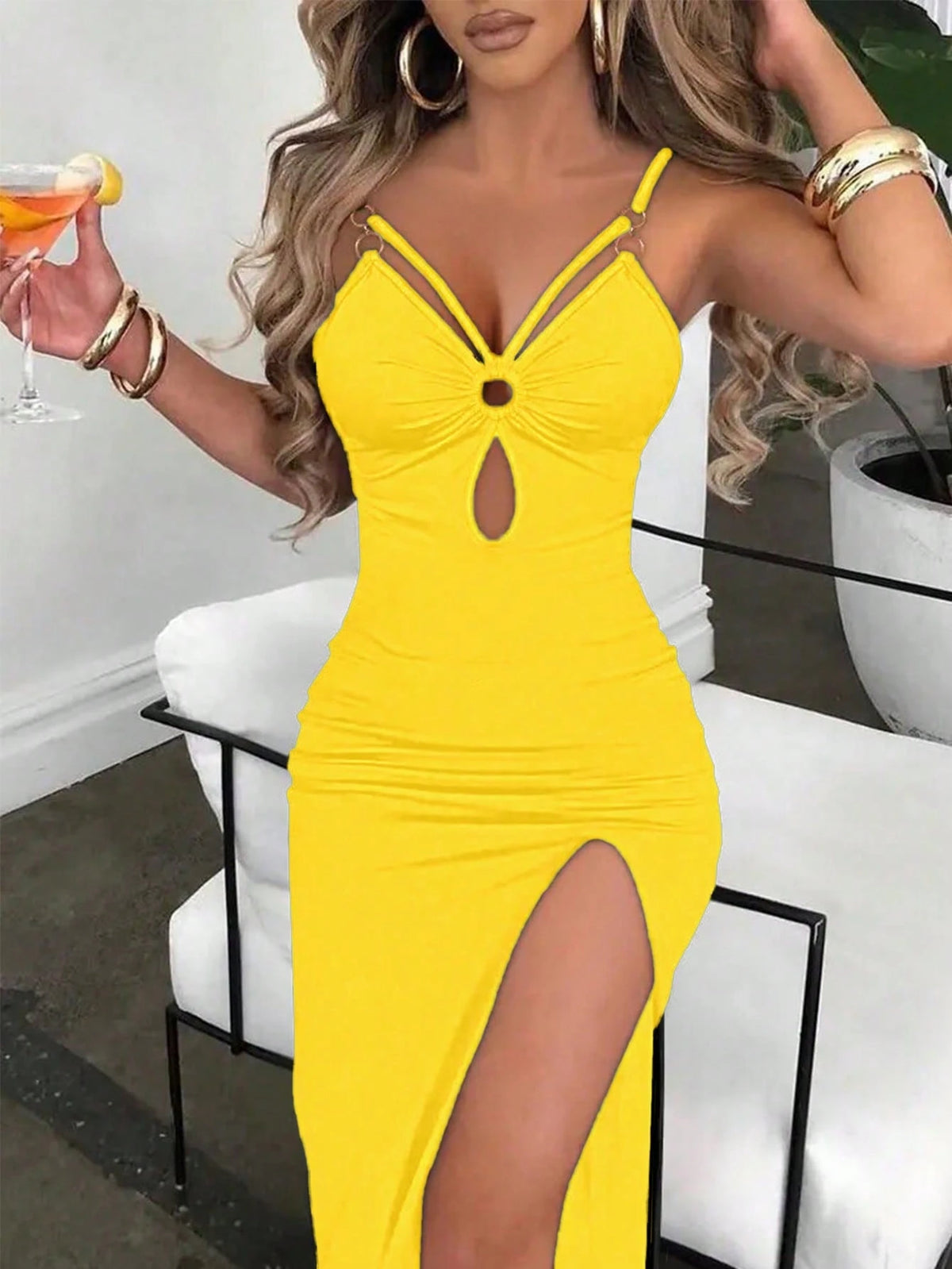 Breezaya Women's Summer Solid Color Round Ring Link Hollow Slim Fit Spaghetti Strap Dress Maxi Women Outfit