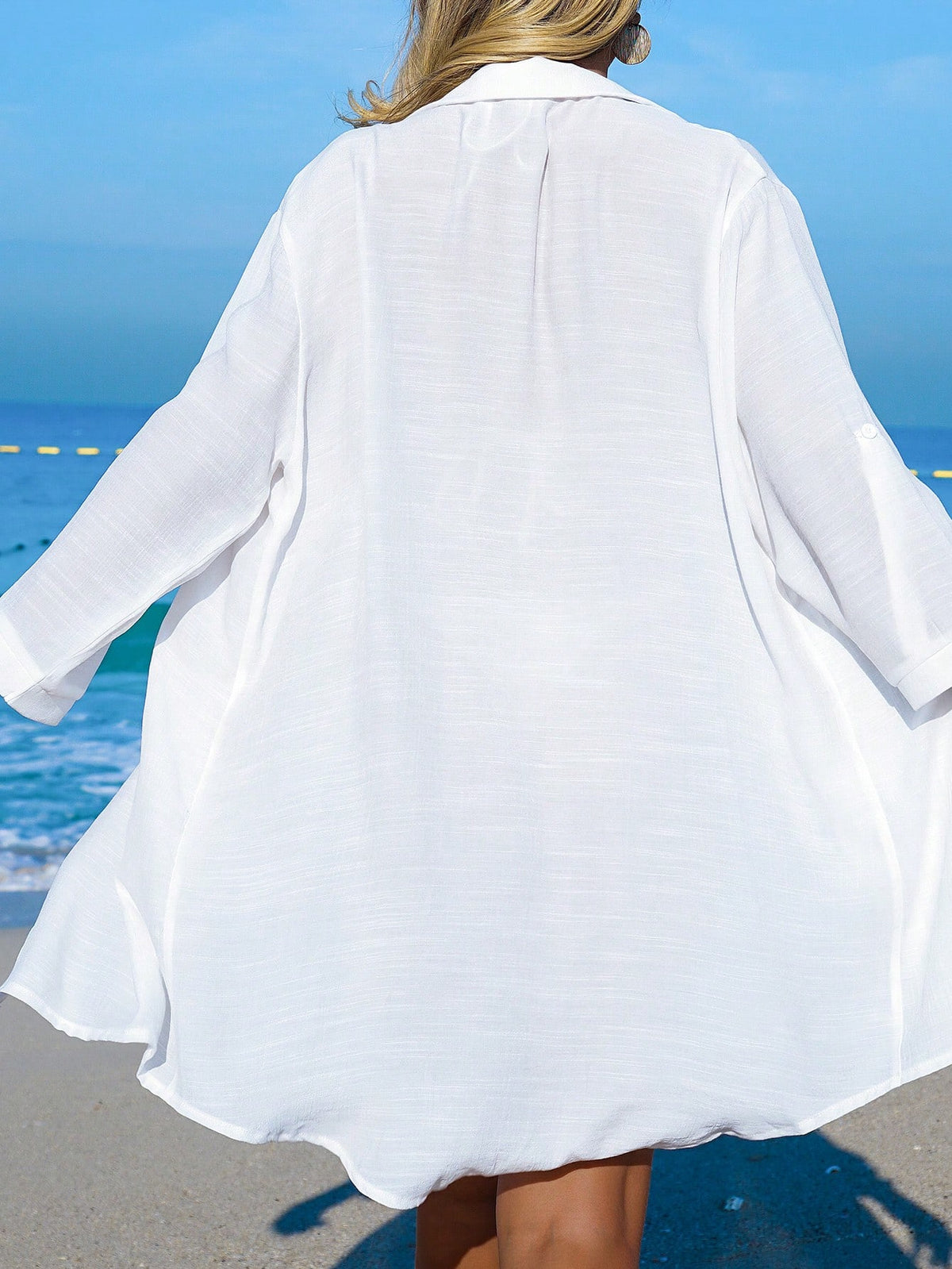 Breezaya Women's White Coconut Tree Button Casual Vacation Beach Kimono Cover Up