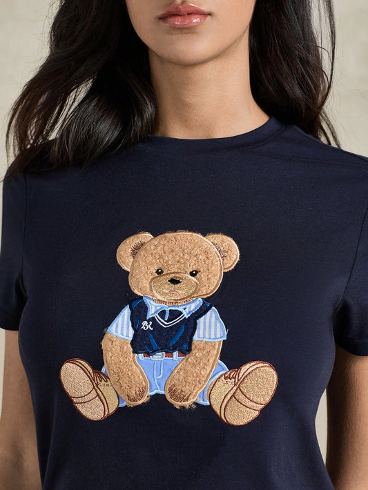 Briarwyn Women's Navy Blue Cute Teddy Bear Embroidery Cotton Blend Short Sleeve T-Shirt,Summer Casual School Round Neck Versatile Graphic Tee Regular Top
