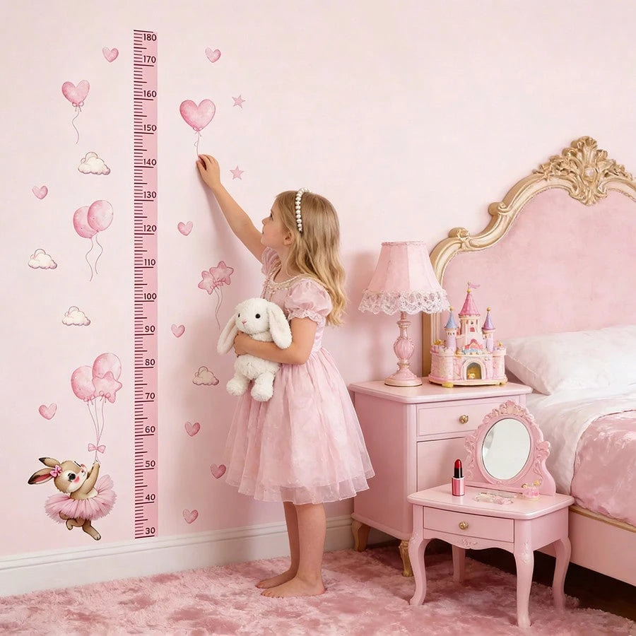 BRUP 1/2 Pcs/Set Cute Ballet Rabbit With Pink Balloons Clouds Kids Wall Sticker Removable Kids Room Nursery Decor Growth Chart Peel And Stick
