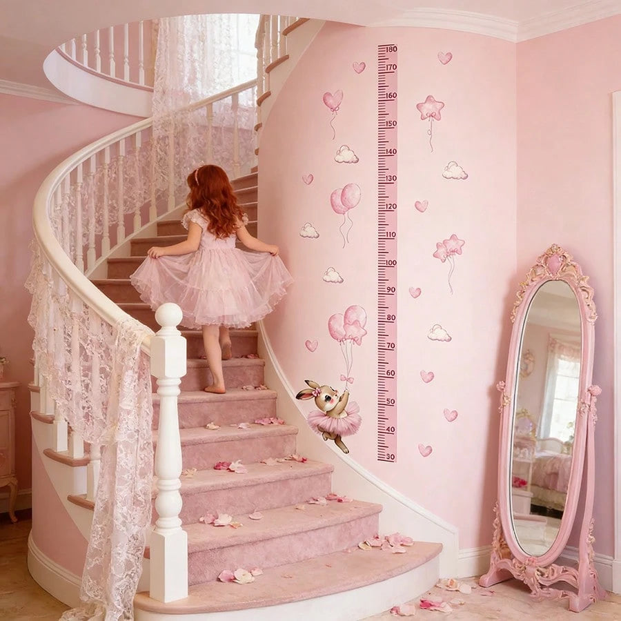 BRUP 1/2 Pcs/Set Cute Ballet Rabbit With Pink Balloons Clouds Kids Wall Sticker Removable Kids Room Nursery Decor Growth Chart Peel And Stick