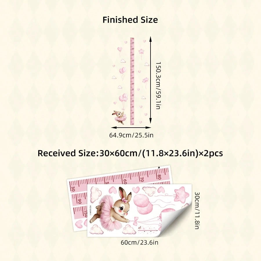 BRUP 1/2 Pcs/Set Cute Ballet Rabbit With Pink Balloons Clouds Kids Wall Sticker Removable Kids Room Nursery Decor Growth Chart Peel And Stick