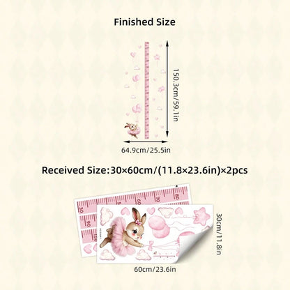 BRUP 1/2 Pcs/Set Cute Ballet Rabbit With Pink Balloons Clouds Kids Wall Sticker Removable Kids Room Nursery Decor Growth Chart Peel And Stick