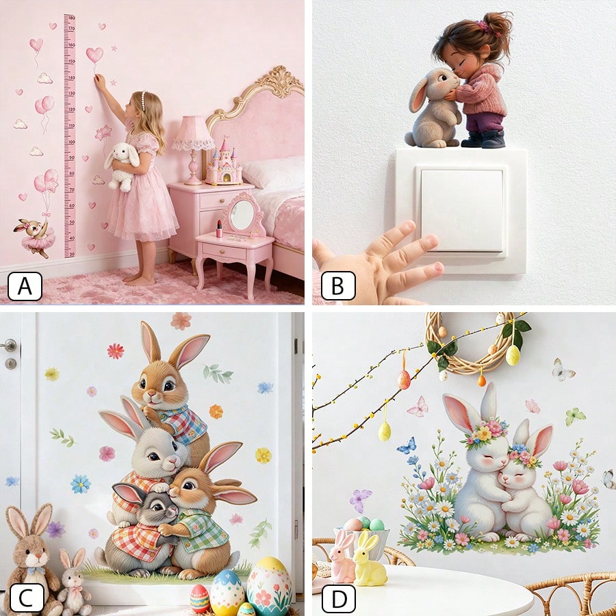 BRUP 1/2 Pcs/Set Cute Ballet Rabbit With Pink Balloons Clouds Kids Wall Sticker Removable Kids Room Nursery Decor Growth Chart Peel And Stick