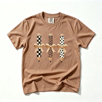 Brushstroke Pencil Bow T-Shirt, Teacher Graphic Tee, Preppy Coquette Teacher Shirt, Educator Gift, Elementary Teacher, Going Out Tops