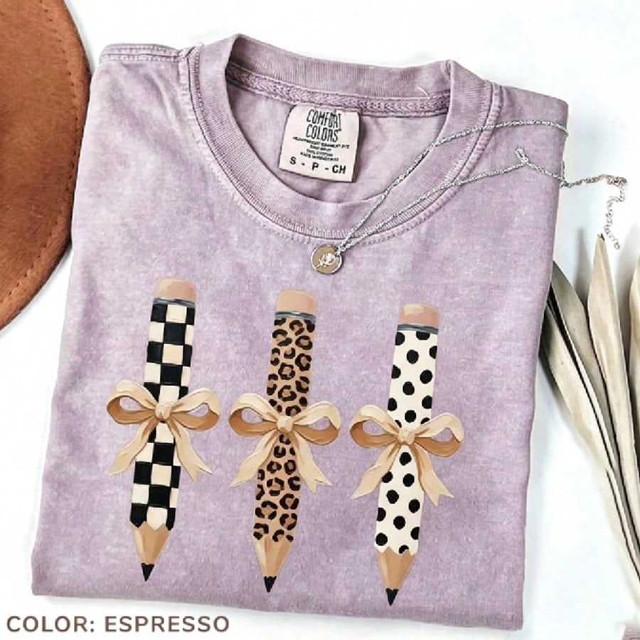 Brushstroke Pencil Bow T-Shirt, Teacher Graphic Tee, Preppy Coquette Teacher Shirt, Educator Gift, Elementary Teacher, Going Out Tops